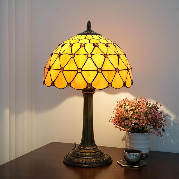 Tiffany Style Stained Glass Table Lamp Handmade Orange Tea Beads 12 Inch Warm Light Bedside Lamp For Bedroom Dorm Offee Shop Reading Study Home Decor Art Gift Retro Atmosphere Lighting Nightstand Lamp