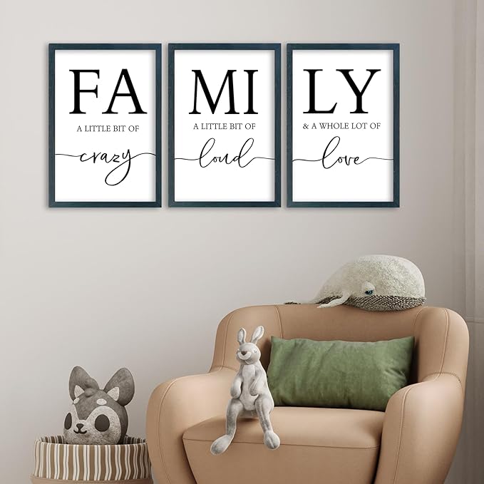 SRSZHIYUE Family Wall Art A Little Bit Of Crazy Loud Sign Wall Decor Art Set of 3 16"×11" Prints Wood Framed for Large Rustic Farmhouse Minimalist Living Room Entryway Wall Hanging (Black)