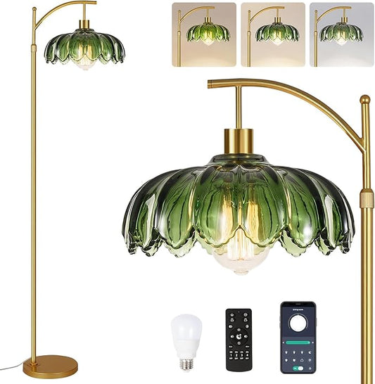 Gold Floor Lamps for Living Room,Glass Floor Lamp with Remote Control & Green Lampshade,Arc Flower Floor Lamp Dimmable Mid Century Modern Standing Lamp Vintage Brass Tall Lamp For Bedroom Corner