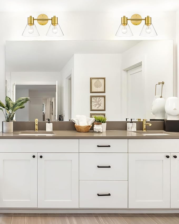 LMS Gold Bathroom Vanity Light Fixtures, 2 Light Bathroom Light Fixtures with Clear Glass Shade, LMS-100
