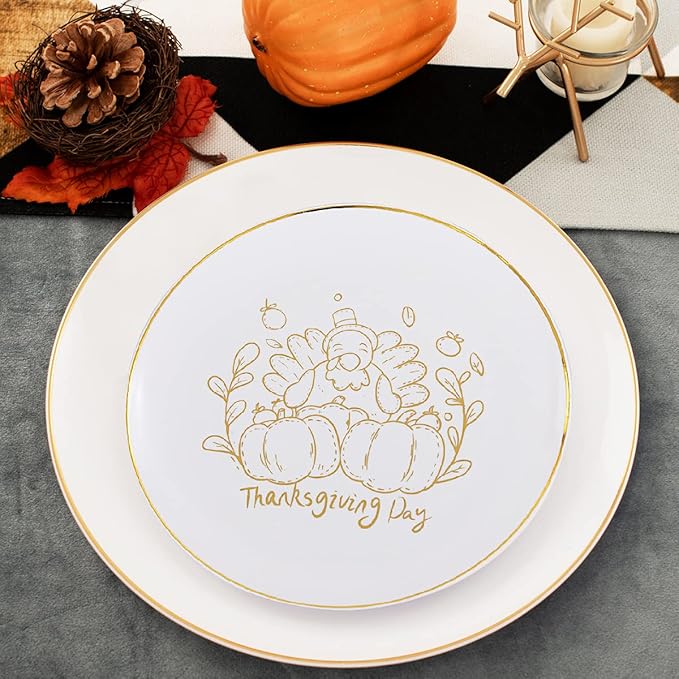 YOUBET 125PCS Thanksgiving Plastic Plates - Fall Plastic Plates with Gold Rim & Gold Silverware include 25Dinner Plate, 25Salad Plate, 25Knives, 25Forks, 25Spoons for Thanksgiving Party