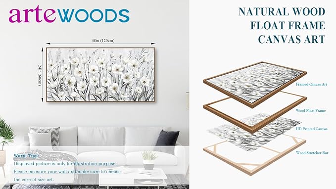 arteWOODS Flowers Framed Wall Art - Grey White Wildflowers Canvas Pictures Wall Decor Botanical Painting Artwork Elegant Floral Prints for Living Room Bedroom Home Decor 48 x 24in Natural Wood Frame