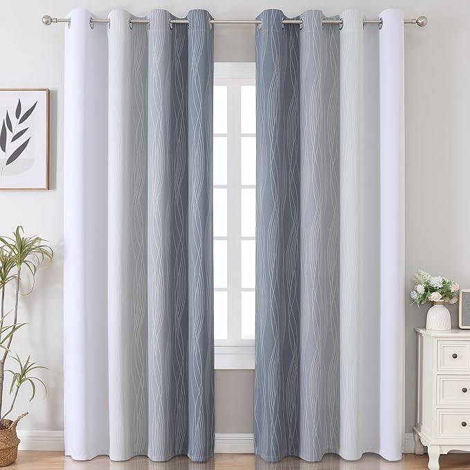 Estelar Textiler Grey and Greyish White Gradient Blackout Curtains 102 Inches Long for Bedroom, Thermal Insulated Full Room Darkening Ombre Gray Grommet Drapes for Living Room, 52Wx102L, 2 Panels