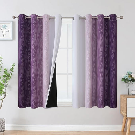 Estelar Textiler Purple and Greyish White Blackout Curtains 45 Inch Length, Light Blocking Gradient Drapes for Kitchen, Thermal Insulated Grommet Ombre Curtains for Bathroom,52Wx45L,2 Panels