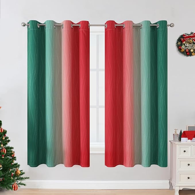 Estelar Textiler Red and Green Blackout Curtains for Christmas Room, Full Room Darkening Grommet Ombre Curtains for Bedroom, Thermal Insulated Light Blocking Gradient Drapes, 52Wx63L, 2 Panels