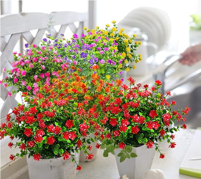 10 Bundles Artificial Fake Flowers, Faux Outdoor Plastic Plants UV Resistant Shrubs Outside Indoor Decorations (Red-Eucalyptus)