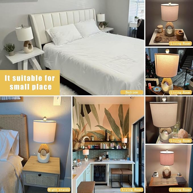 OYEARS 19” Boho Table Lamps Bedroom Living Room,Suitable for Small Space,Farmhouse Rattan Lamp Rustic Egg Design Resin Nightstand Bedside Lamps for Bedroom Living Room Office Study Rest Decor