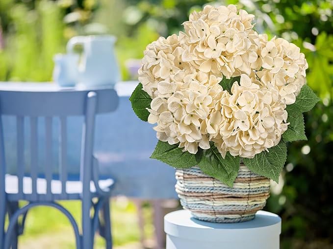 Beige Hydrangea Artificial Flowers Large Artificial Hydrangeas Silk Flowers for Home Decor Indoor Wedding Flowers Bouquets Faux Flowers Kitchen Centerpiece Table Decorations