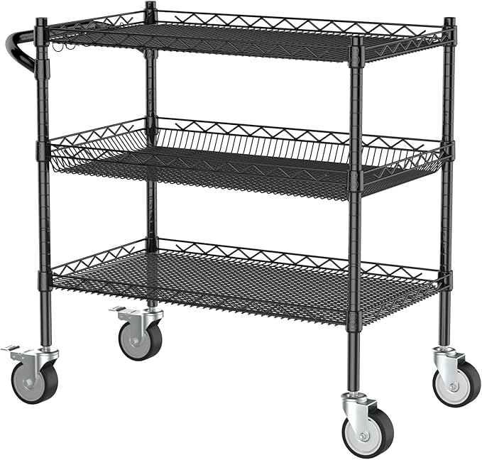 Leteuke 3 Tier Rolling Carts with Wheels,990Lbs Heavy Duty Rolling Utility Cart,NSF Commercial Grade Metal Cart with Handle&Shelf Liner,Trolley Serving Cart for Kitchen,Restaurant,Plant Display,Black
