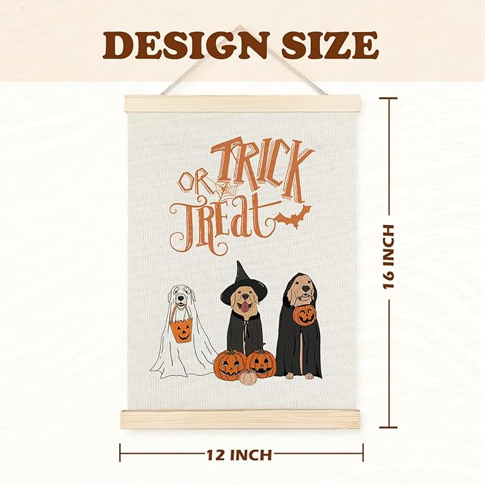 Supwhd Trick or Treat Halloween Ghost Dogs Pumpkin Wall Art with Wooden Poster Hanger, Ghost Dog Decor, Halloween Pictures Wall Decor, Spooky Wall Decor, 12x16