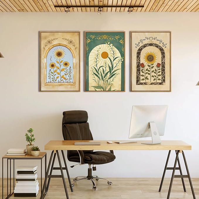 ANHUIB Vintage Boho Spiritual Wall Decor 16x24 Inch Botanical Wall Art Earthy Sunflower Illustration Set of 3 for Living Room Bedroom Office