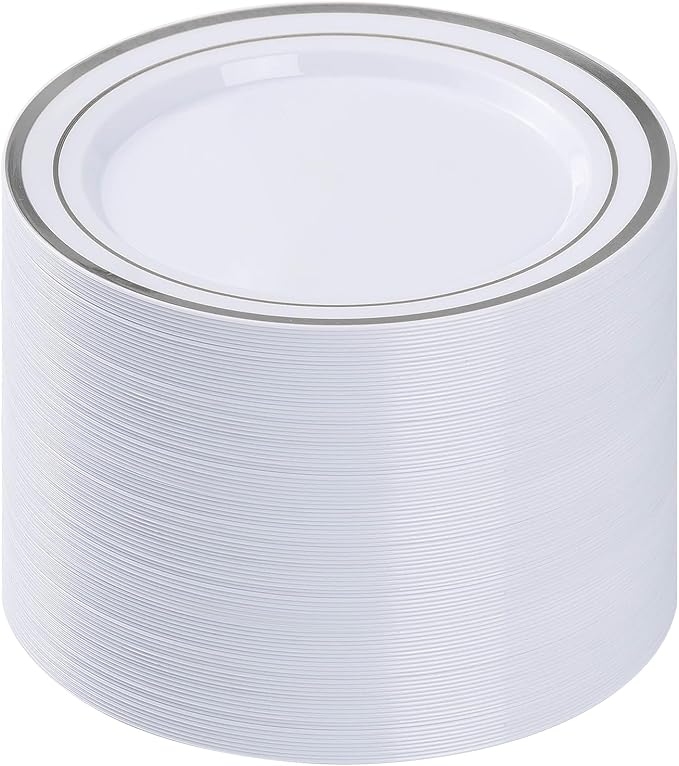 100PCS Silver Plastic Plates, 10.25 Inch Disposable Dinner Plate Party with Silver Rim for Christmas, Thanksgiving, Heavy Duty Disposable Plastic Plates for Party, Wedding and Birthday, Events