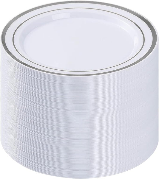 100PCS Silver Plastic Plates, 10.25 Inch Disposable Dinner Plate Party with Silver Rim for Christmas, Thanksgiving, Heavy Duty Disposable Plastic Plates for Party, Wedding and Birthday, Events