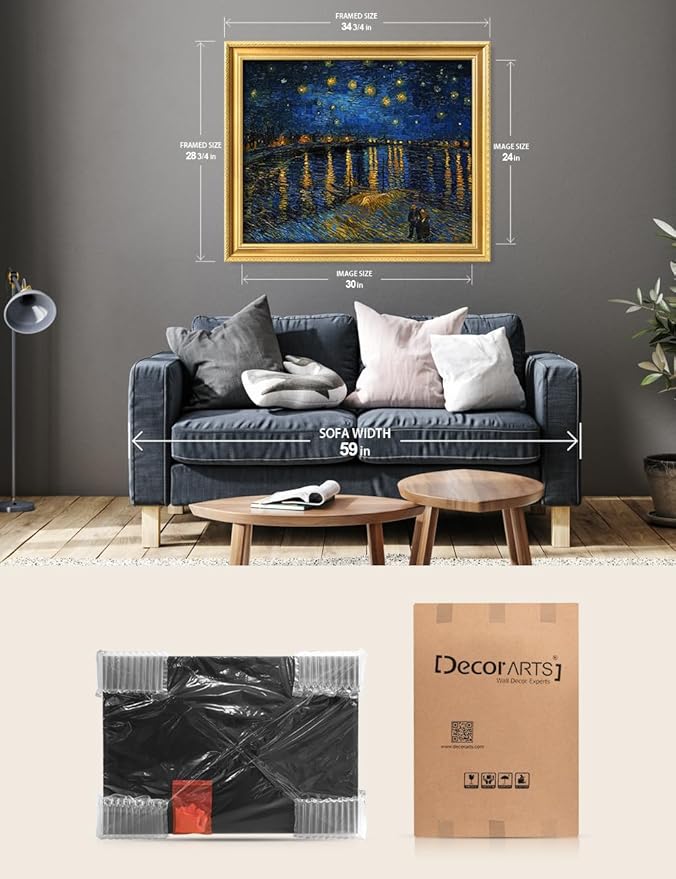 DECORARTS - Vincent van Gogh's Starry Night Over the Rhone. Museum-Quality Giclee Print on Cotton Canvas, Ornate Gold Solid Wood Frame, Framed Size: 34.75x28.75 in, Made in USA
