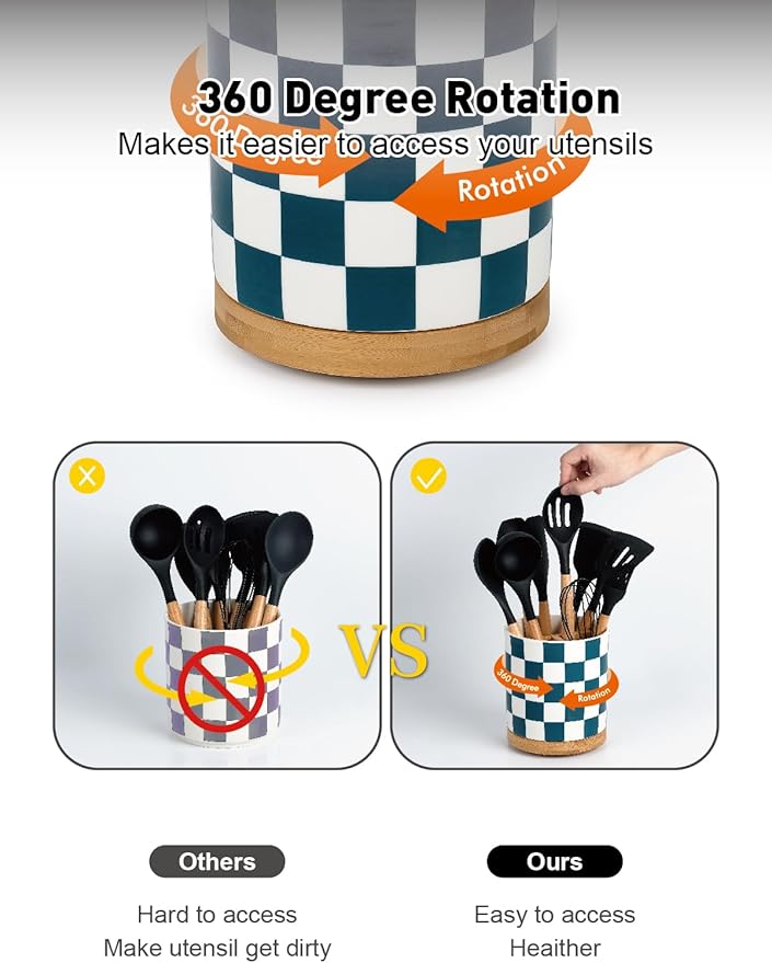 LoeJan 3 Compartment Utensil Holder, Extra Large Utensil Crock, Stable Ceramic Utensil Organizer, Cooking Tool Organizer Set for Kitchen Counter Farmhouse Decor (J-Deep Green(Square))