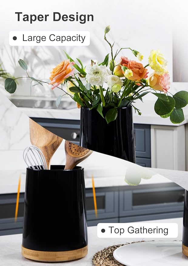 Nucookery 360° Rotating Utensils Holder, 8.2" Extra High Large Ceramic Kitchen Utensil Holder with Countertop-Protection Cork Bottom, Top Gathering Kitchen Decor for Counter (Black)