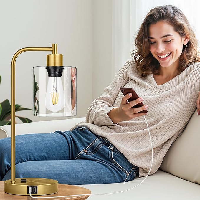 Industrial Touch Table Lamps Set of 2-2 USB Ports & AC Outlet Nightstand Lamps, 3-Way Dimmable Bedside Desk Lamp for Living Room Bedroom, Glass Shade & 2 LED Bulbs Included - Brass