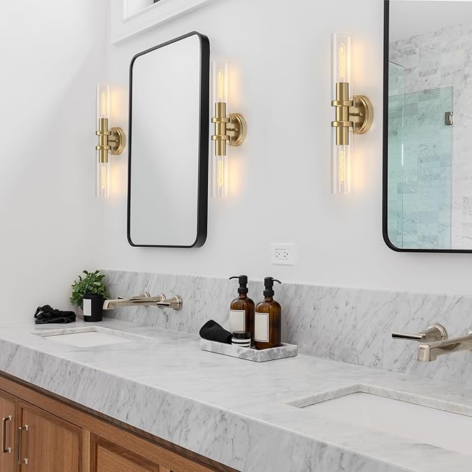 Espird Bathroom Light Fixtures 2-Light Gold, Bathroom Vanity Lights Over Mirror, Wall Sconces, Industrial Lighting, Modern Brushed Gold Vanity Lighting Fixtures w/Glass Shades