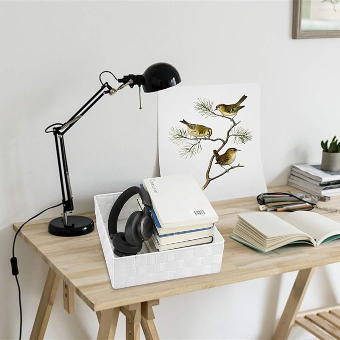 Posprica Woven Storage Box Cube Basket Bin Container Tote Organizer Divider for Drawer,Closet,Shelf, Dresser (White)