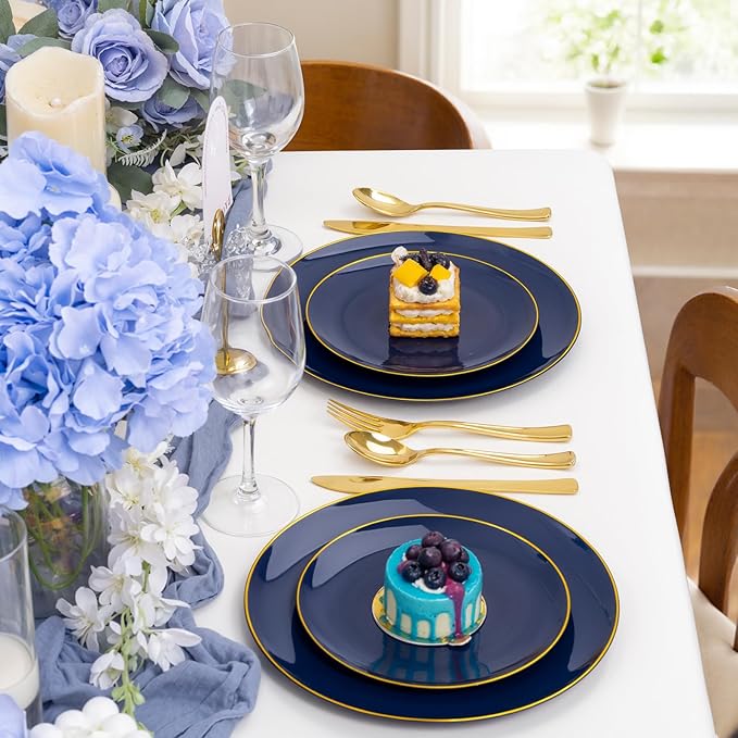 YOUBET 125PCS Blue Plastic Plates - Blue and Gold Plates - Navy Blue Disposable Plates With Gold Rim Include 25 Dinner Plate, 25 Dessert Plate, 75 Golden Silverware Cutlery for Party & Wedding