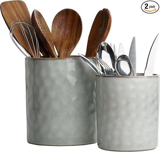 famiware Ocean Utensil Holder, 7.2"+5.8" Ceramic Kitchen Utensil Holder for Countertop, 2 Pieces Cooking Utensil Crocks, Utensil Organizer for Spatula & Spoon, Kitchen Decor, Set of 2, Gray