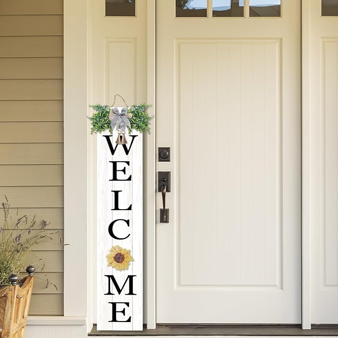 Interchangeable Outdoor Welcome Sign for Front Porch Standing 47"×8" Set of 3 Large Wood Frame with 12 Pcs Icons Vertical Tall Leaner Outside Welcome Sign for Front Door Decor (White)