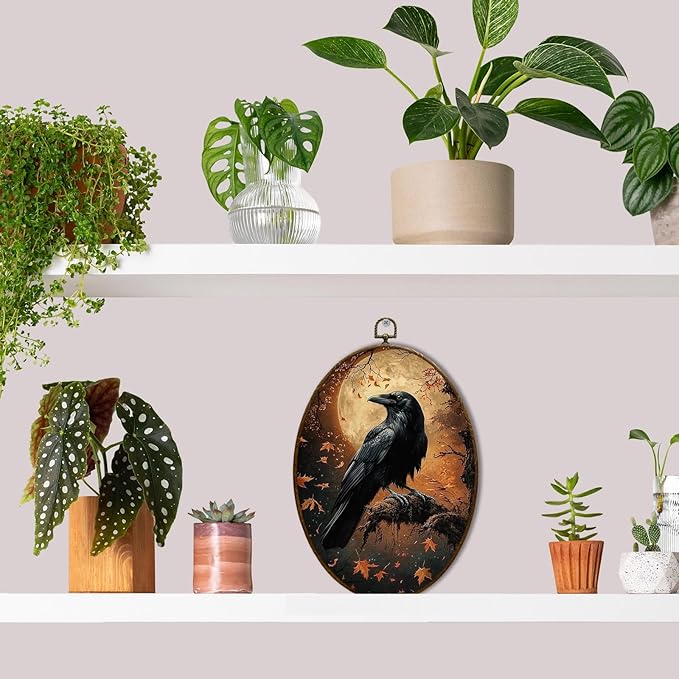 JQF Crow Decor, Fall Gothic Raven Oval Wall Art, Vintage Rustic Fall Crow Oval Canvas Wall Art, Dark Cottagecore Gothic Autumn Raven Framed Prints Hanging Decor for Home Bedroom Living Room, 8.5x11.5 Inch