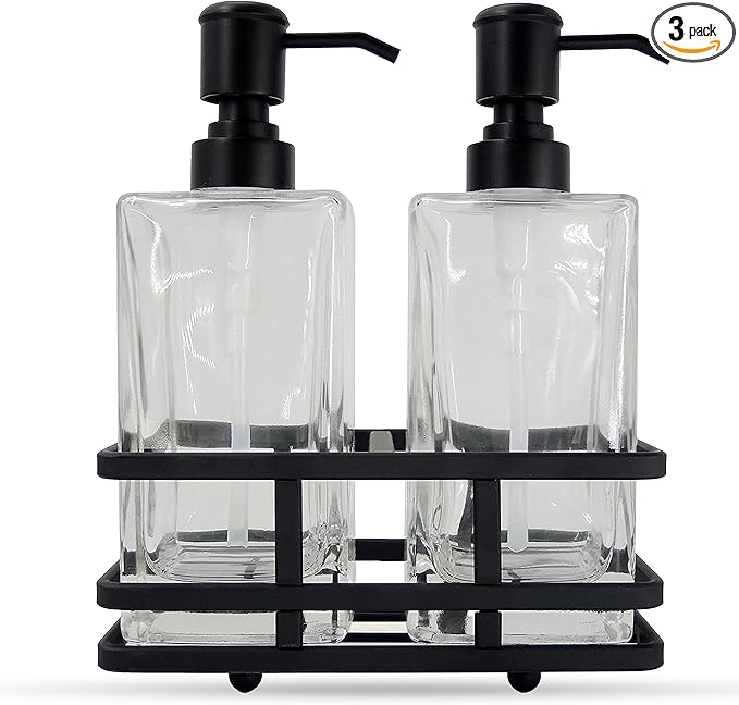 Square Glass Clear Lotion and Soap Pump Dispenser Set with Metal Stand Caddy for Bathroom Bath Kitchen Home Office Travel Hotel Hand Crafted Heavy Weight Matte Black