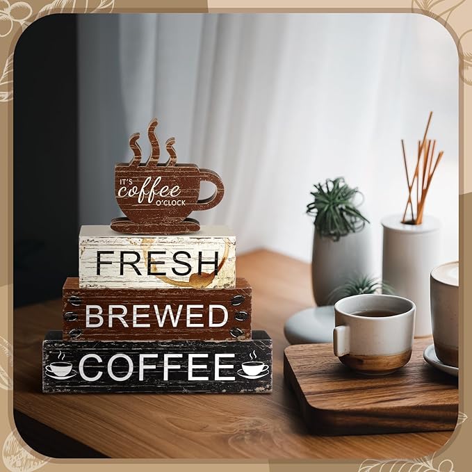 Geelin 4 Pcs Coffee Bar Decor Wood Blocks Mini Coffee Bar Wooden Signs Book Stacks Accessories Rustic Table Sign Farmhouse Tiered Tray Decor for Home Table