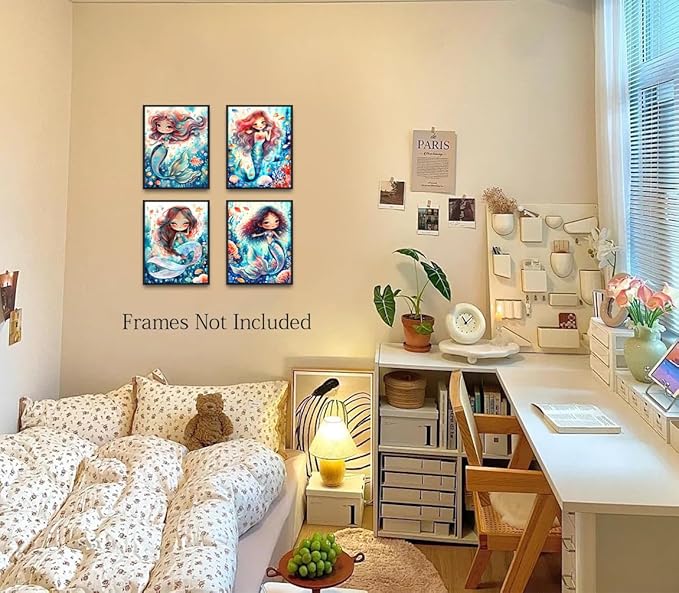 Mermaid Bathroom Decor Wall Art,Mermaid Decor Prints,Sea-Maid Nursery Wall Art Prints Animal Room Decor for Girls Bedroom Kids Bedroom Nursery Set of 4(8"x10"Unframed)