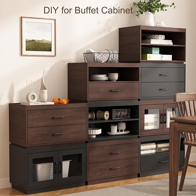 Stackable Storage Drawers,28" Wide Storage Bins w/ Drawers and Compartment for Closet Organizers, Wood Stackable Closet Organizer Modern Large Stackable Storages Units for Living Room Hallway, Brown