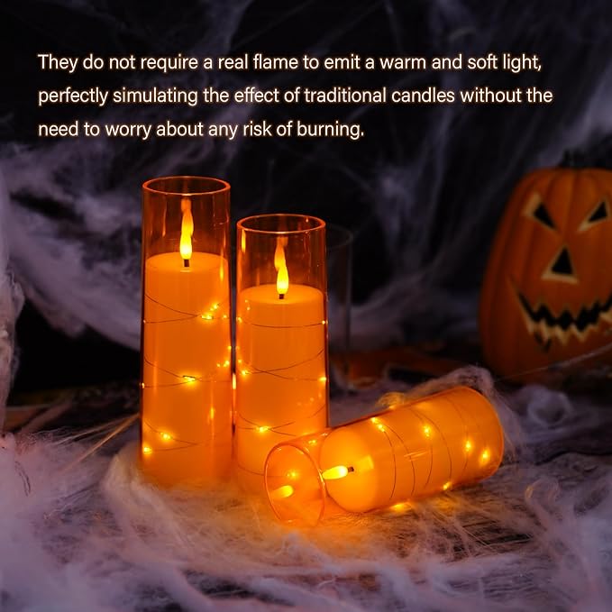 Flameless LED Candles with Timer 5 Pc Flickering Flameless Candles for Romantic Ambiance and Home Decoration Stable Acrylic Shell,with Embedded Star String,Battery Operated Candles(Orange)