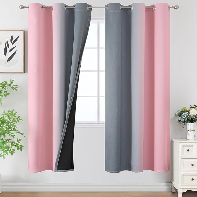 Estelar Textiler Ombre Grey and Pink Blackout Curtains 72 Inch Length 2 Panels, Full Room Darkening Blackout Curtains for Bedroom, Grommet Thermal Insulated Gradient Drapes for Kids Room, 42x72 Inch