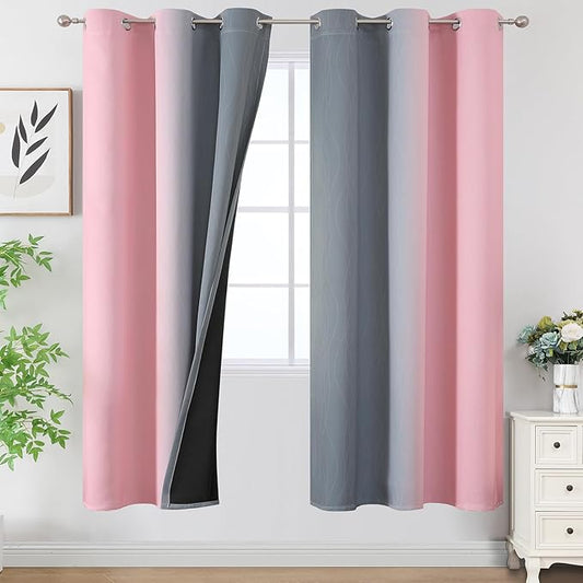 Estelar Textiler Ombre Grey and Pink Blackout Curtains 72 Inch Length 2 Panels, Full Room Darkening Blackout Curtains for Bedroom, Grommet Thermal Insulated Gradient Drapes for Kids Room, 42x72 Inch