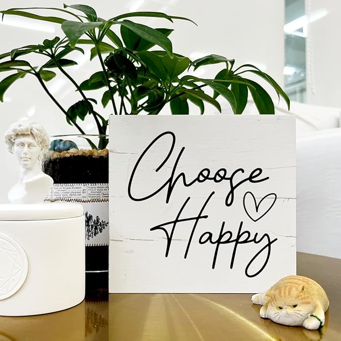 Choose Happy Sign, Inspirational Wood Sign, 5.7x5.7in, White, Rustic, Tabletop Decor, Indoor/Office/Home Gift