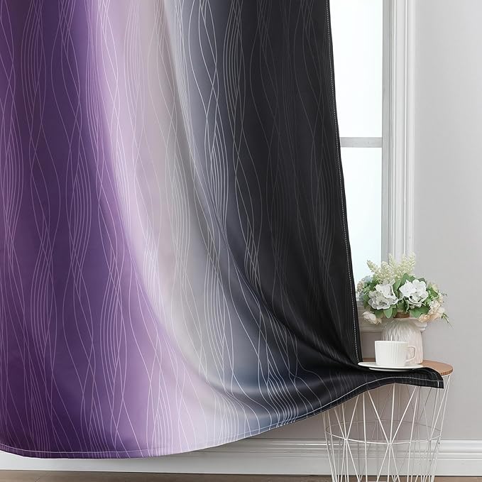 Estelar Textiler Black and Purple Ombre Blackout Curtains for Bedroom, Full Room Darkening Grommet Curtains for Living Room, Thermal Insulated Light Blocking Gradient Drapes, 52Wx63L,2 Panels