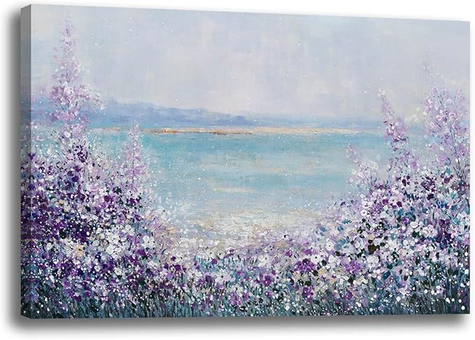GAIDUOMAI Purple Wall Art Prints Coastal Wall Decor Lavender Flower Artwork for Bedroom Blue Bathroom Picture 12"x16" Small Painting for Dining Room