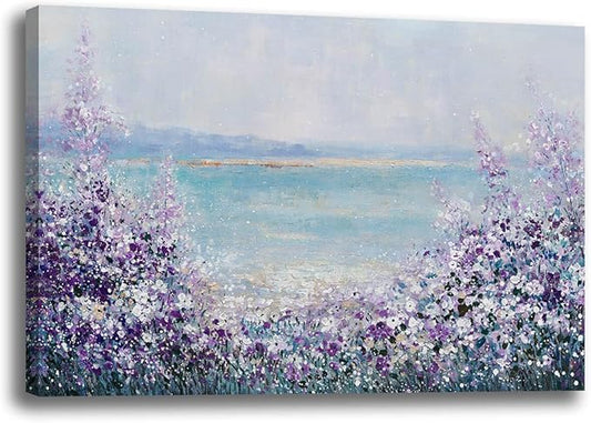 GAIDUOMAI Purple Wall Art Prints Coastal Wall Decor Lavender Flower Artwork for Bedroom Blue Bathroom Picture 12"x16" Small Painting for Dining Room