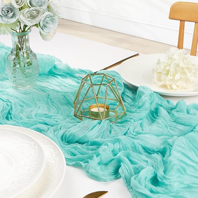 FEXIA 3 Pack Sky Blue Table Runner 35x120 Inches for Baby Shower Decoration Gauze Rustic Table Runner for Wedding Party First Communion Centerpiece Engagement Bridal Shower Boho Decoration