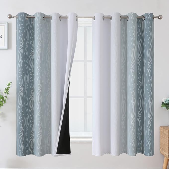 Estelar Textiler Stone Blue and Greyish White Blackout Curtains 63 Inch Length 2 Panels Set, Room Darkening Grommet Ombre Curtains for Bedroom, Thermal Insulated Light Blocking Gradient Drapes,52Wx63L