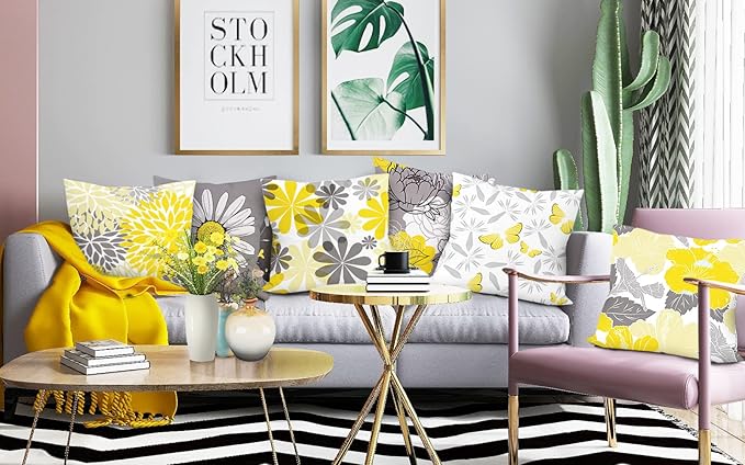 COMMINY Yellow Grey Pillow Covers 20x20 Set of 6, Daisy Flower Throw Pillow Cover Case Rustic Square Cushion Cover for Sofa Bedroom Living Room Farmhouse Home Decor