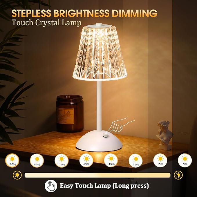 Cordless Touch Table Lamp, LED Rechargeable Small Dask Lamp, 3 Colors Dimmable Battery Operated Crysta Lamp for Bedroom Restaurant Kitchen Home Decor, White