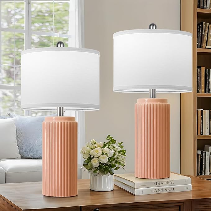 23.5’’ Orange Table Lamps for Bedroom Set of 2, Modern Ceramic Nightstand Lamps for Living Room, Retro Lamps with White Shade Set for Home Office End Table, Farmhouse Bedside Lamps for End Table Dorm
