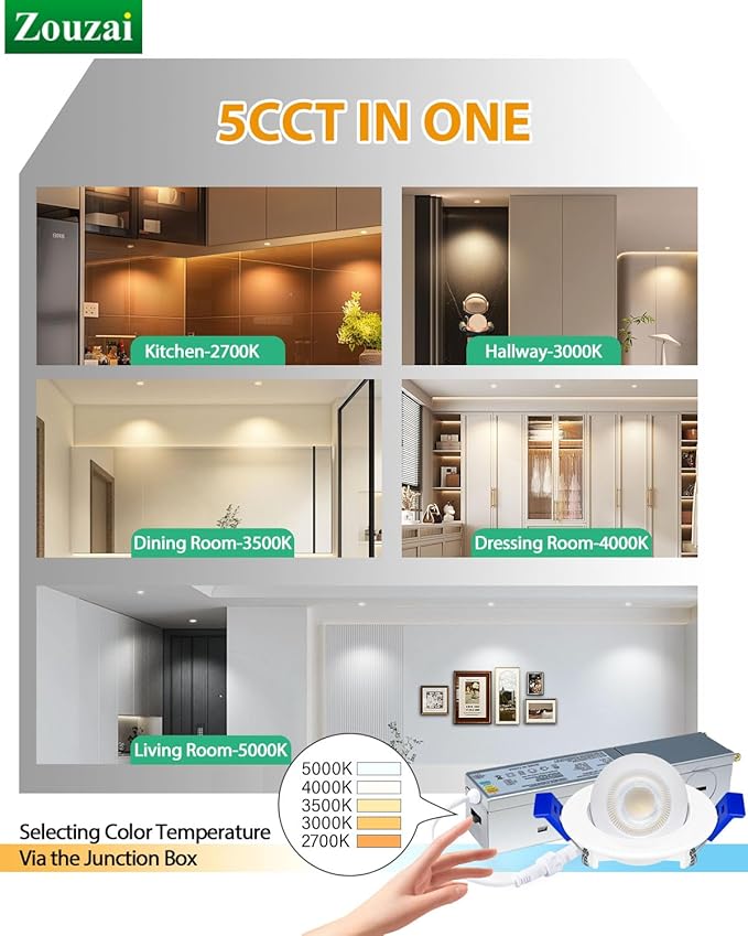 zouzai 5CCT LED Gimbal Led Recessed Light with Junction Box, 360ยฐ+90ยฐ Adjustable Directional Eyeball Lighting, Dimmable, 2700K/3000K/3500K/4000K/5000K,ETL&Energy Star (White 12 Pack, 2 inch)