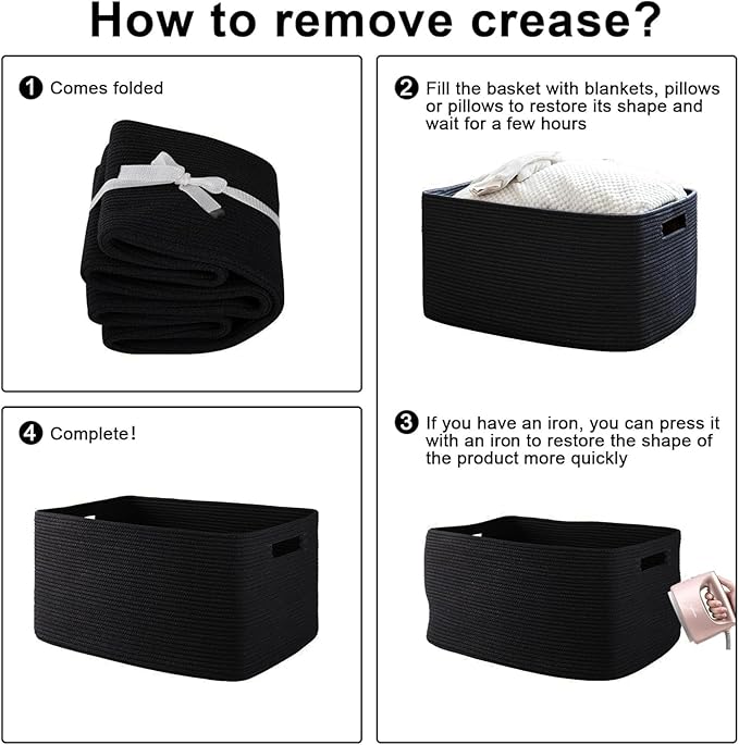 OIAHOMY XXLarge Rectangle Blanket Basket-96L, Cotton Woven Basket for Storage, Dirty Clothes Baskets for Living Room, Nursery, Bedroom, Toy Organizing with Handle, 24" x 16" x 15", Charcoal Black