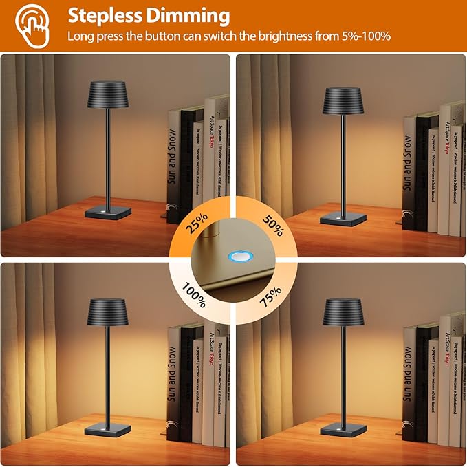 Cordless Table Lamps Rechargeable,Battery 6000mAh LED Portable Lights for Outdoor/Patio/Restaurant/Indoor Desk Lamp - IP54 Waterproof 3 Colors Stepless Dimming (Black)