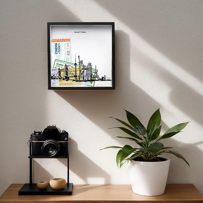 12x12 Travel Adventure Archive Box, Ticket Box for Wall Or Tabletop, Memory Box Wood Frame (Black)