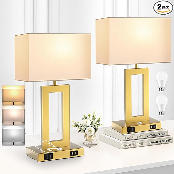 3 Color Temperatures Touch Control Table Lamps Set of 2, Stepless Dimmable Bedside Lamps with 2 USB Ports&AC Outlet, Modern Nightstand Lamps for Bedroom Living Room, Bulbs Included, Gold&White