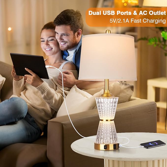 26" Modern Table Lamps, Gold Set of 2 Table Lamps Night Light with 2 USB Charging Ports & AC Outlet, Bedside Nightstand Lamp White Shade for Living Room Bedroom Home Decor(2 LED Bulbs Included)