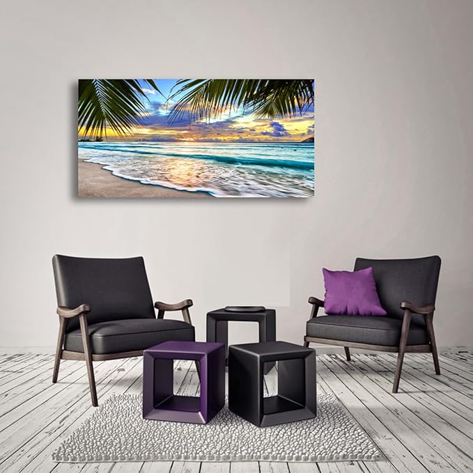 Beach Pictures Canvas Wall Art for Living room Bedroom Wall Decor,Sunset and Beautiful clouds Wall Art Print Paitnings for home Decor,Morden Artwork Waves Canvas Art Waterproof Stretched Ready to